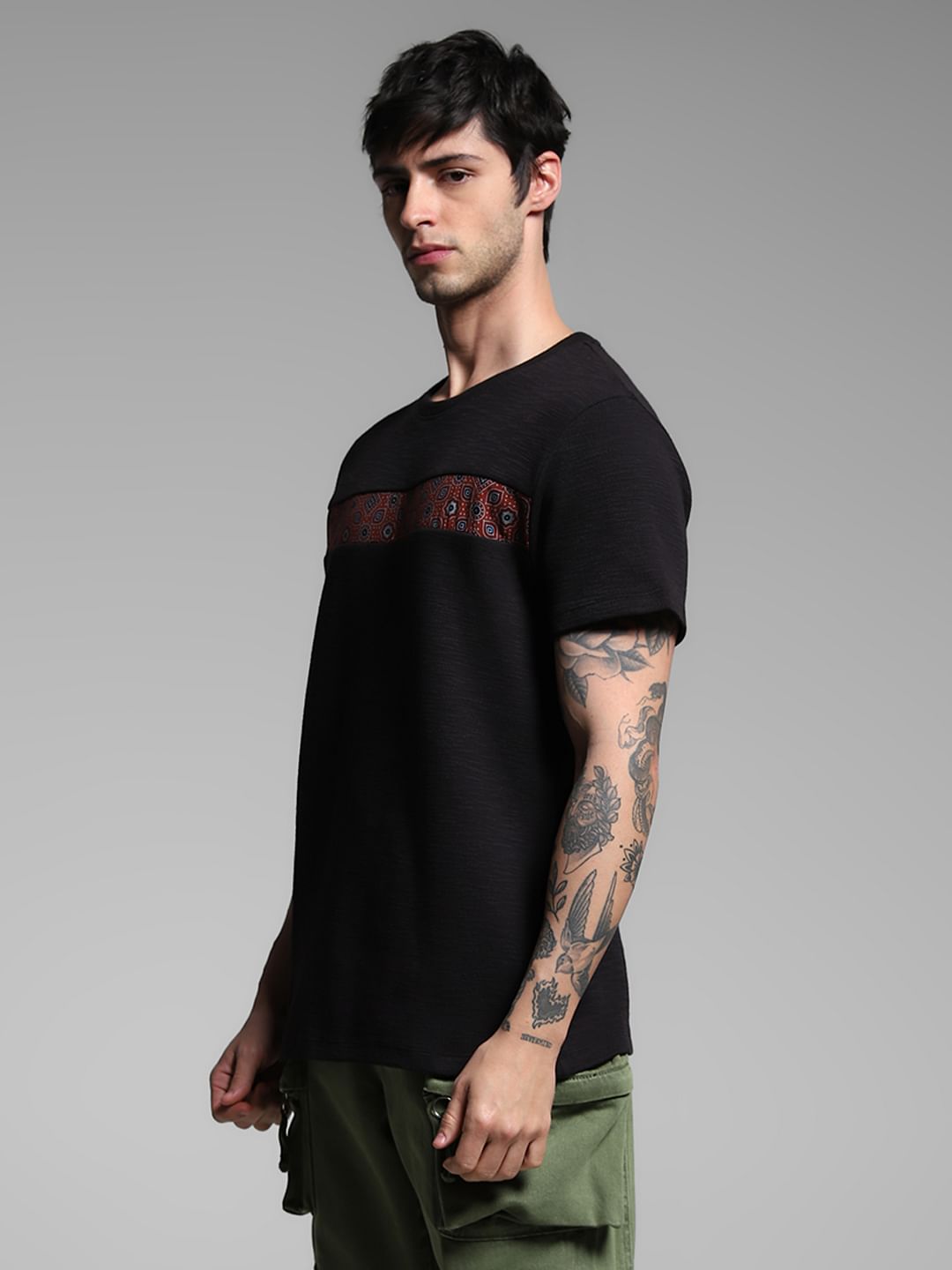 Black Printed Patch Cotton T-shirt