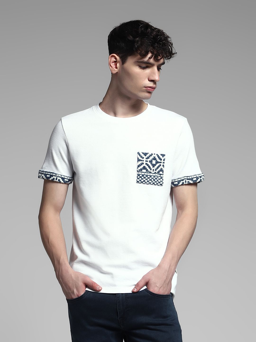 White Embroidered Print Cotton T-shirt