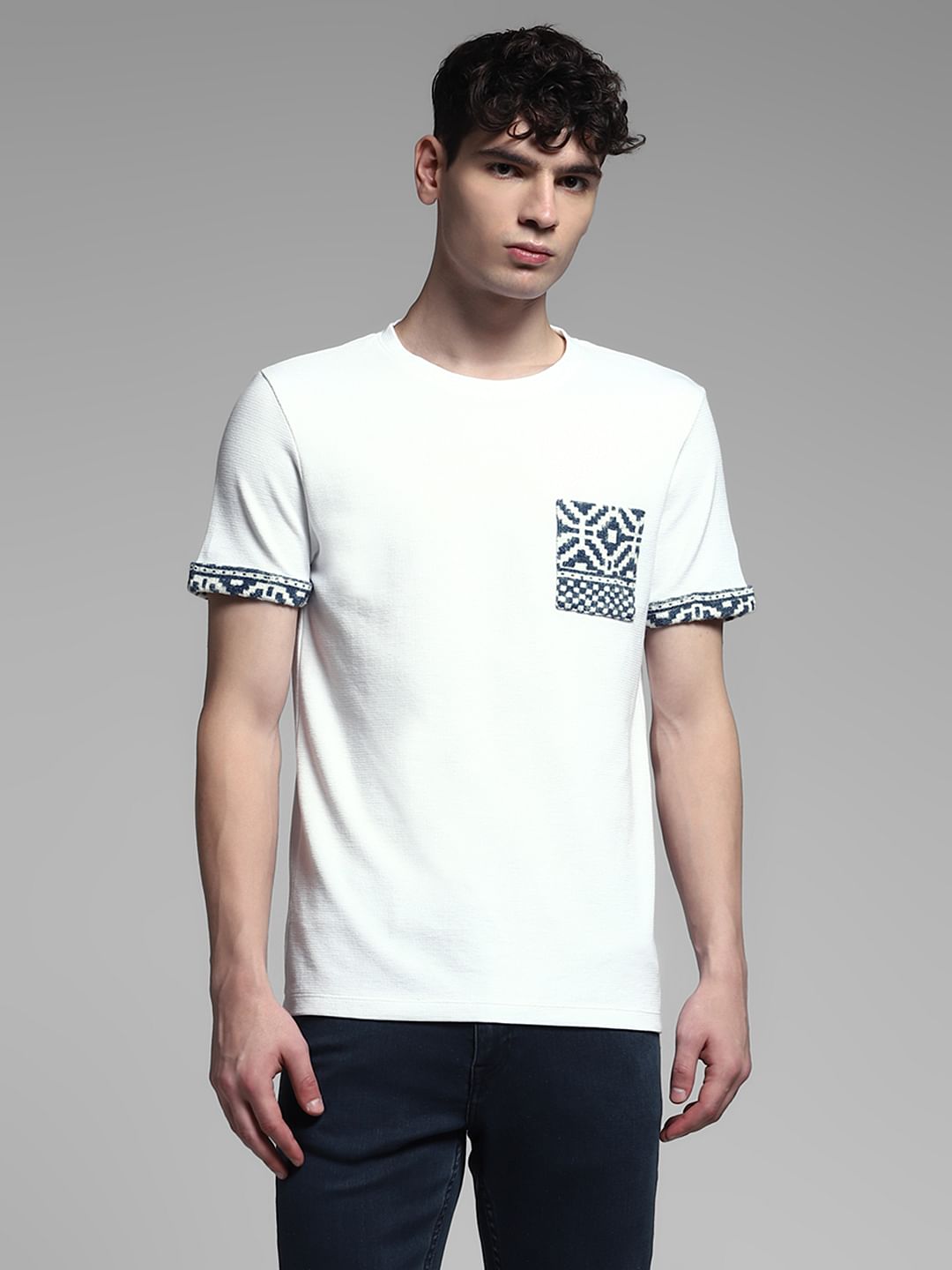 White Embroidered Print Cotton T-shirt