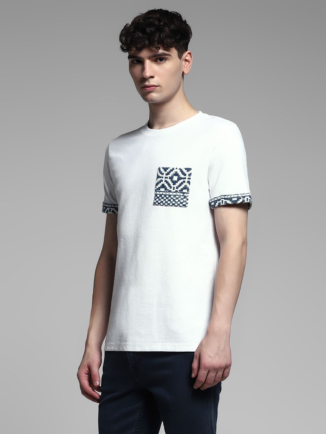White Embroidered Print Cotton T-shirt
