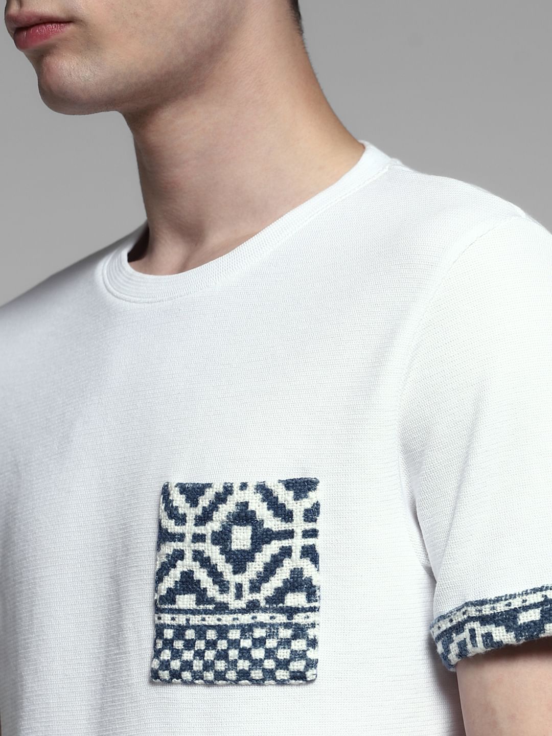 White Embroidered Print Cotton T-shirt