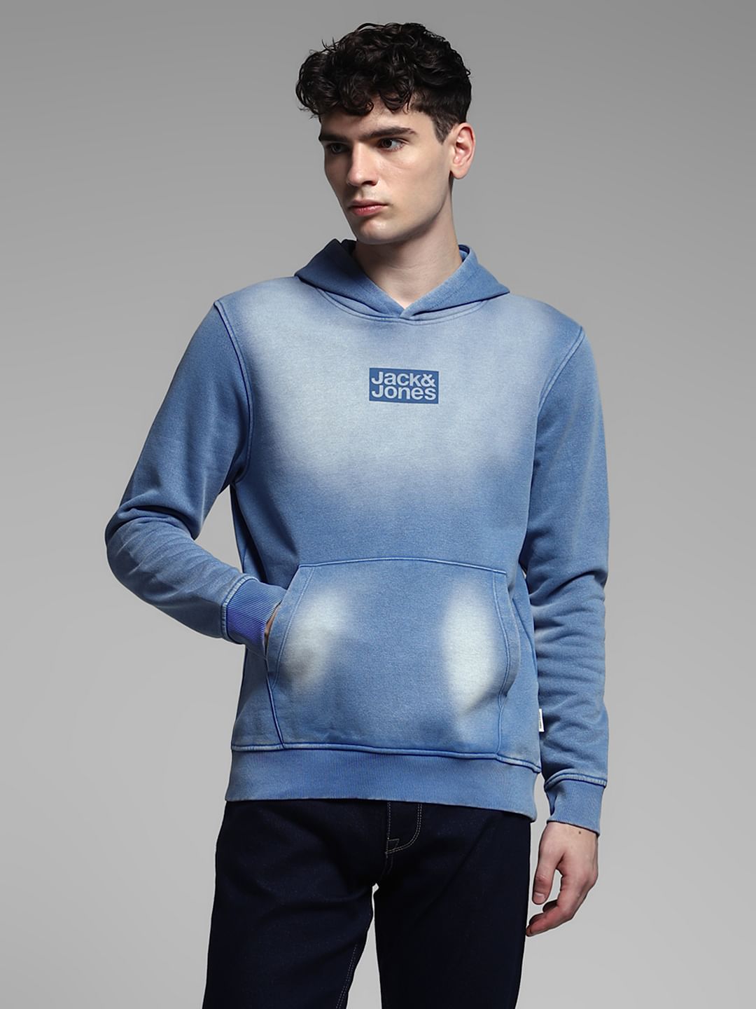Blue Logo Print Hooded Sweatshirt