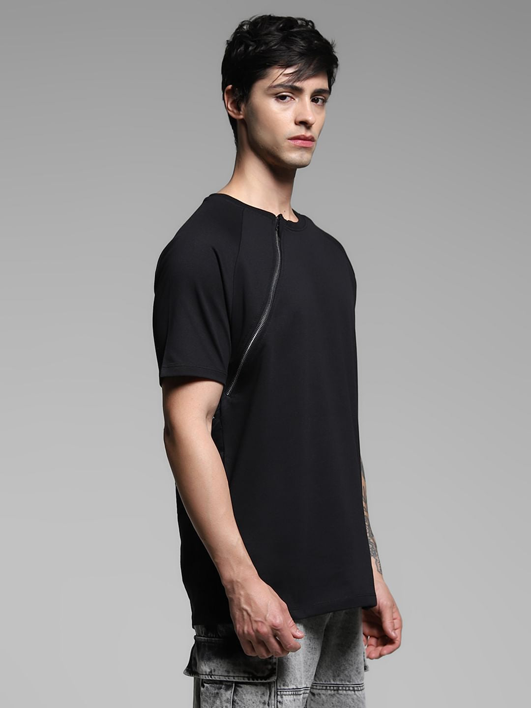Black Zip Detailing Cotton T-shirt