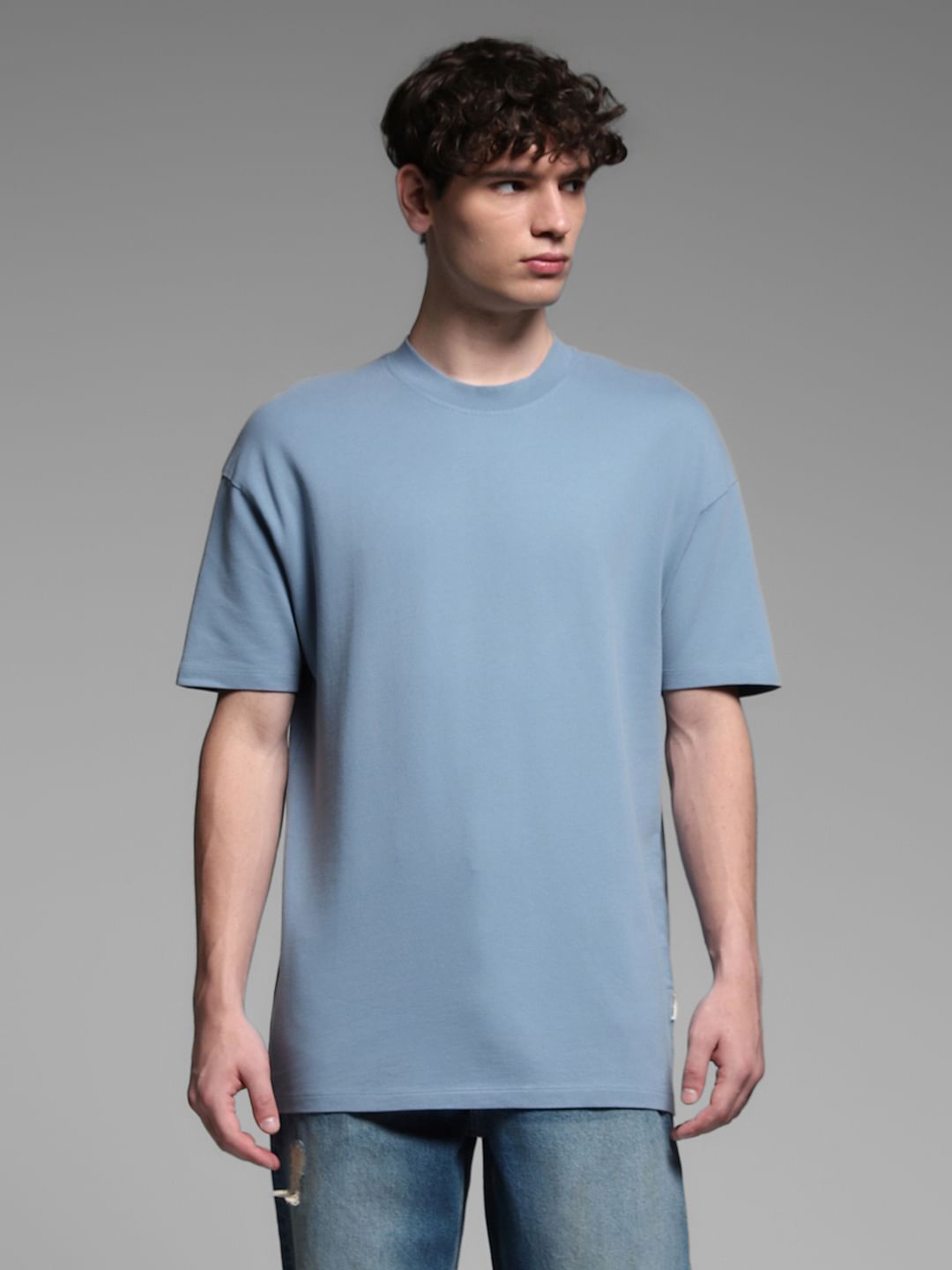 Blue Cotton Crew Neck T-shirt