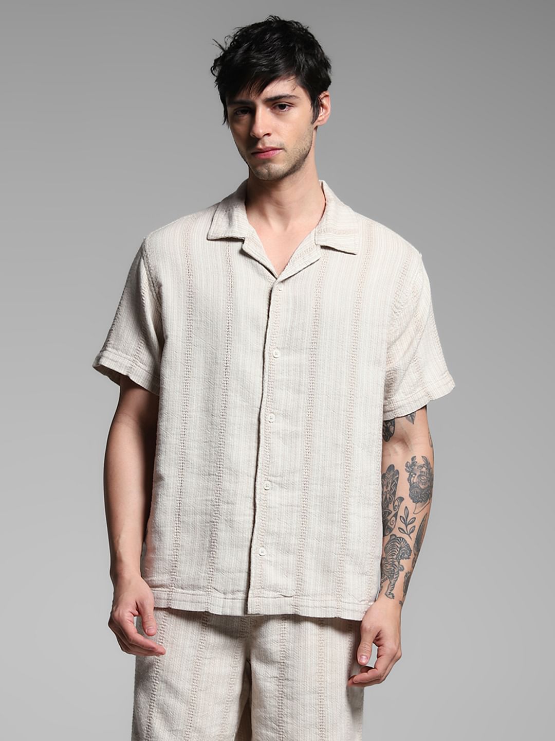 Beige Textured Co-ord Set Cotton Shirt