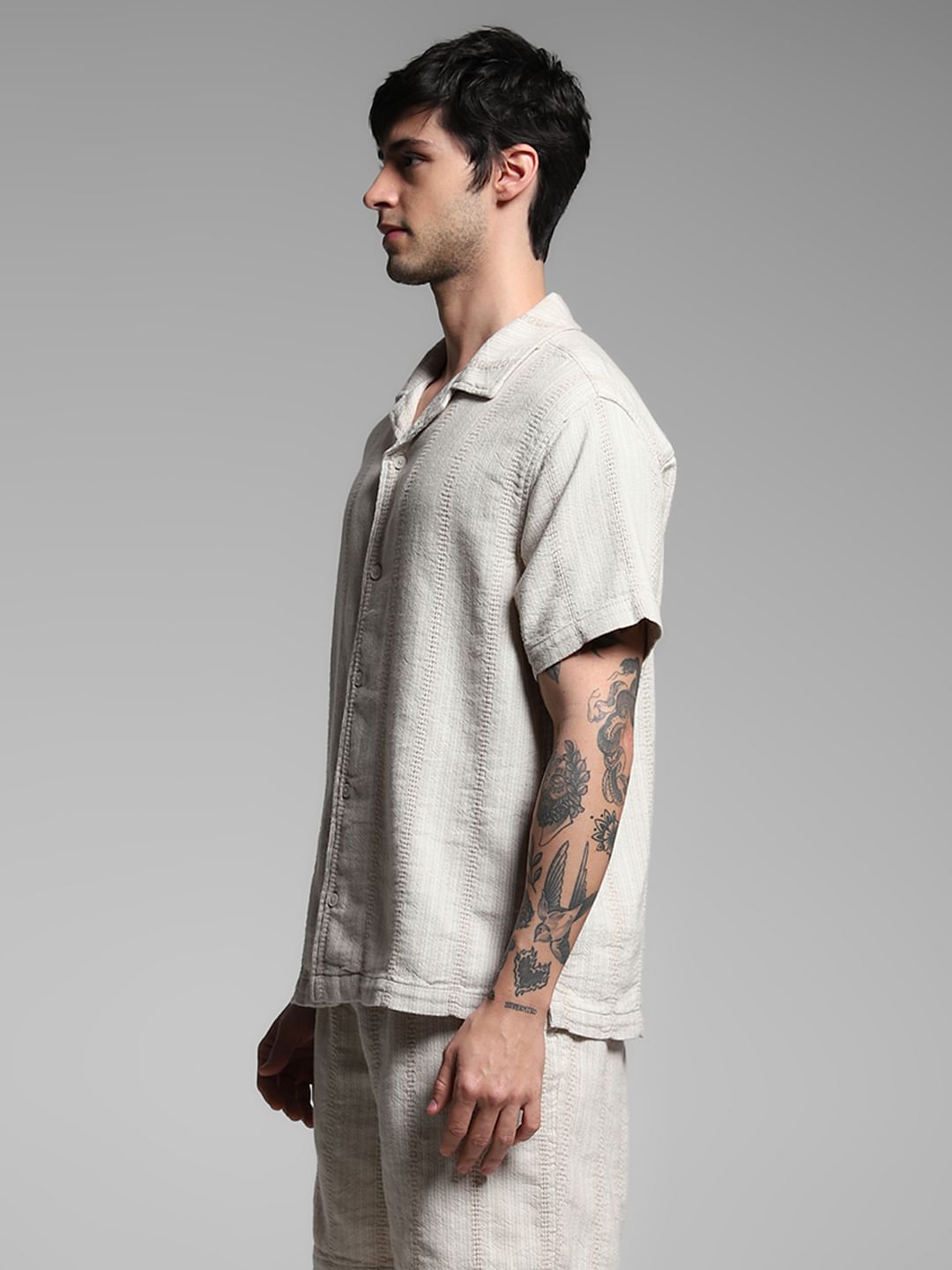 Beige Textured Co-ord Set Cotton Shirt