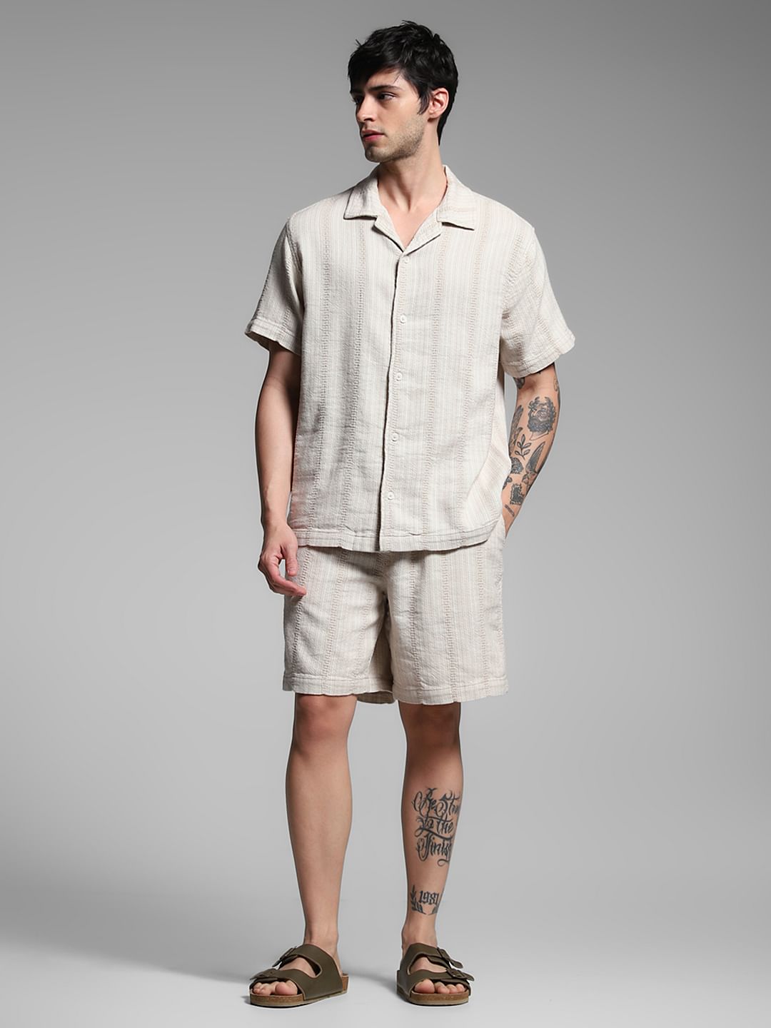 Beige Textured Co-ord Set Cotton Shirt