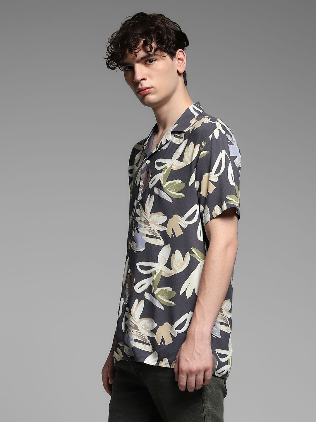 Grey Floral Print Viscose Shirt