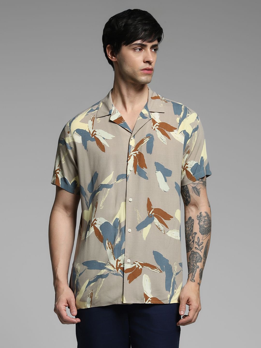 Beige Abstract Print Viscose Shirt