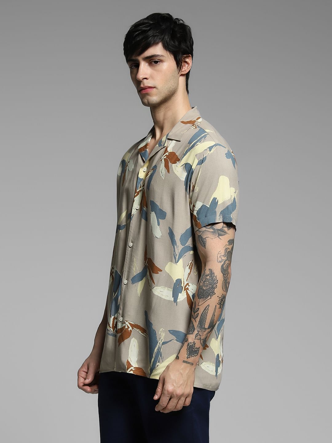 Beige Abstract Print Viscose Shirt