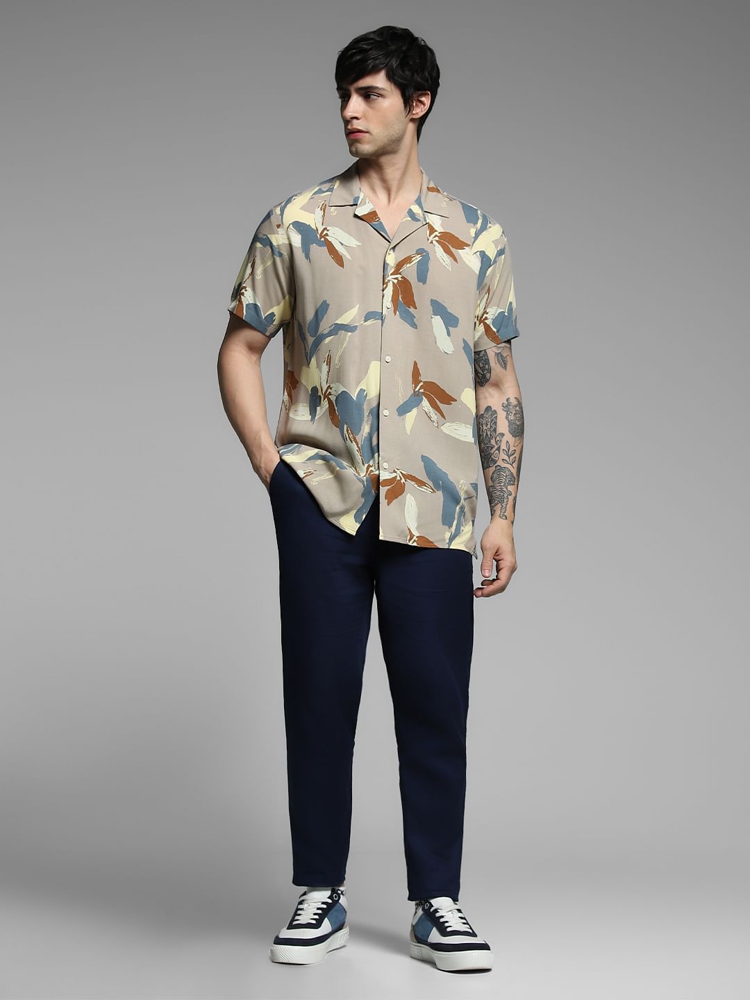 Beige Abstract Print Viscose Shirt