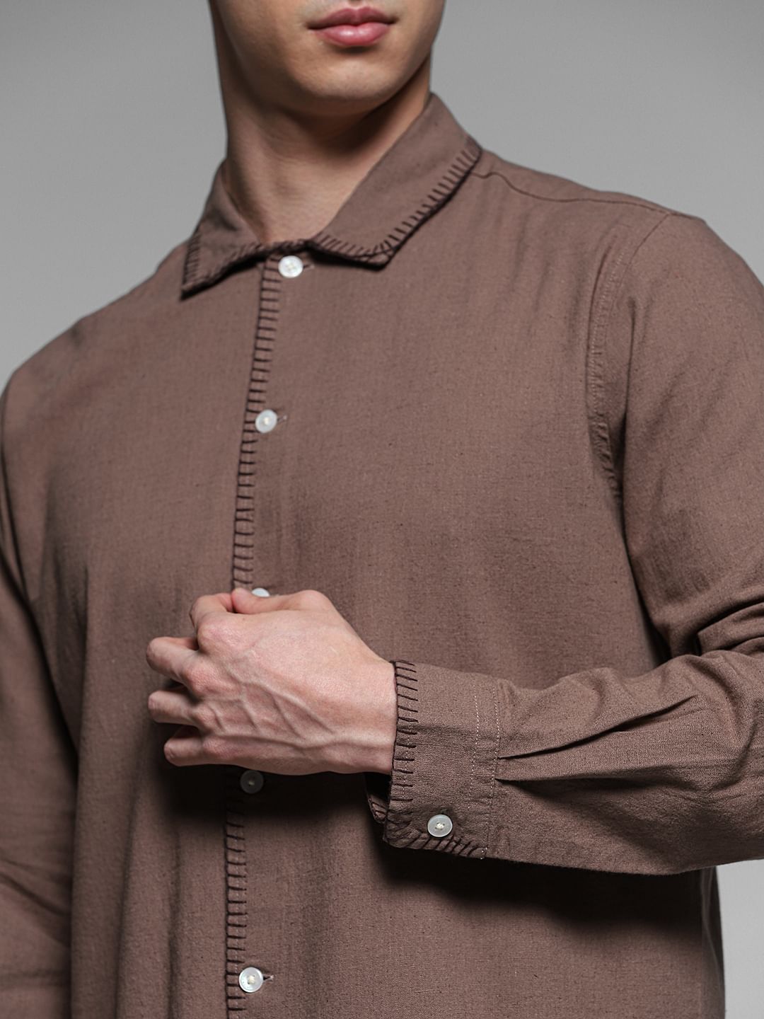 Brown Stitch Detail Cotton Shirt