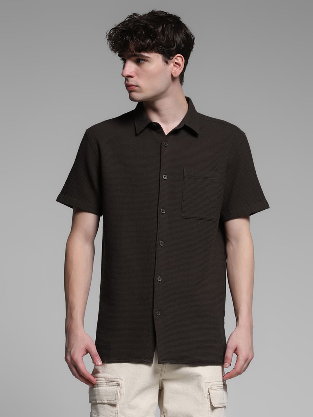 Brown Waffle Textured Cotton Shirt