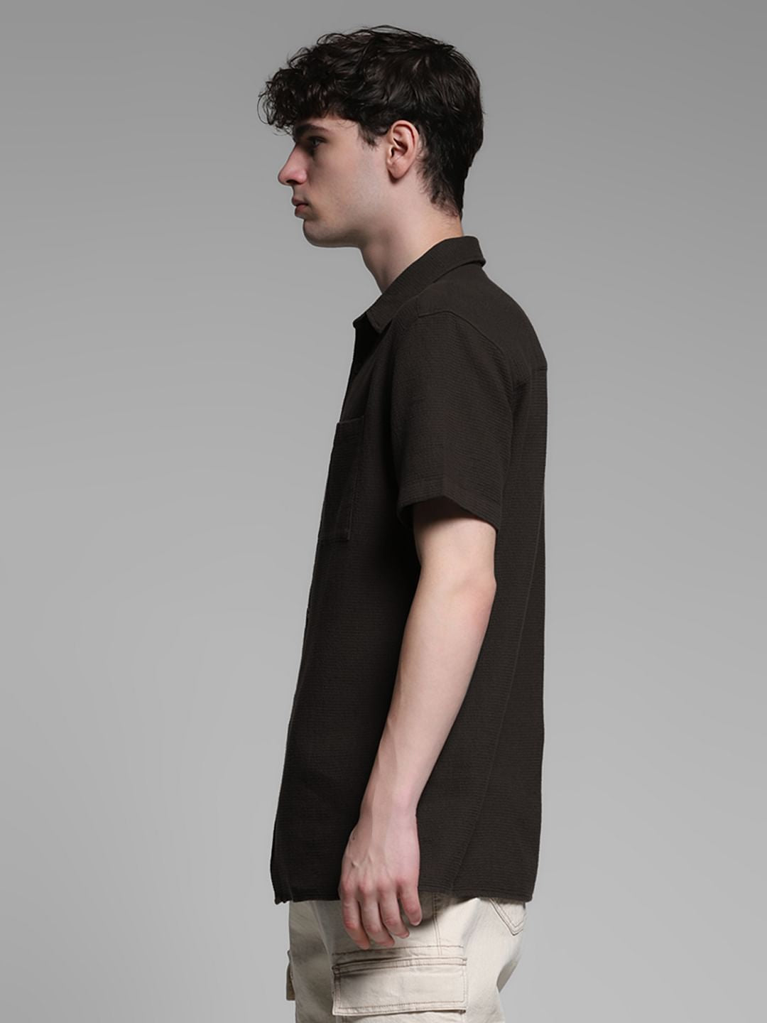 Brown Waffle Textured Cotton Shirt