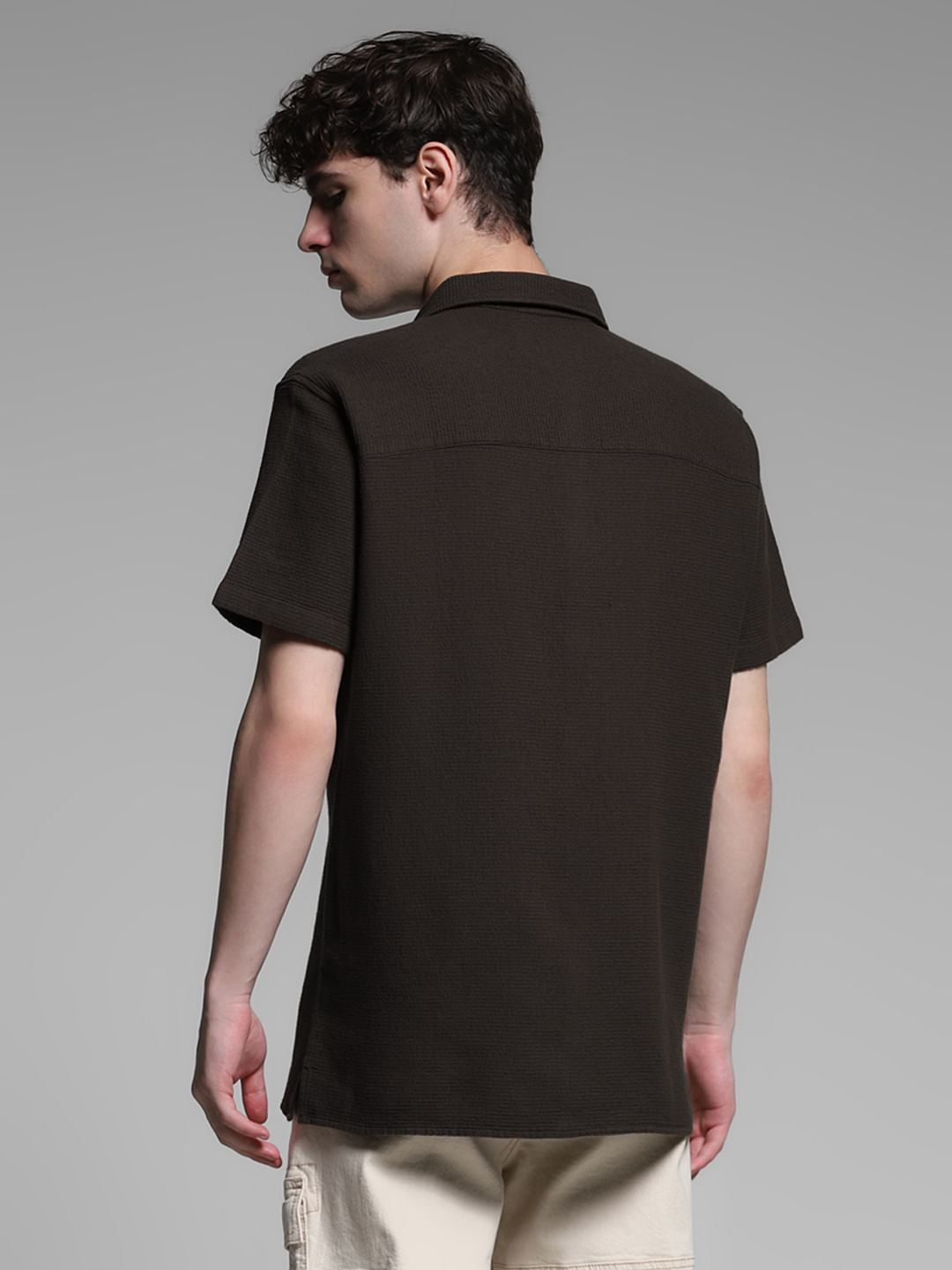 Brown Waffle Textured Cotton Shirt