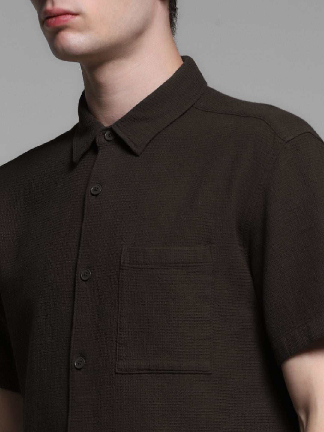 Brown Waffle Textured Cotton Shirt