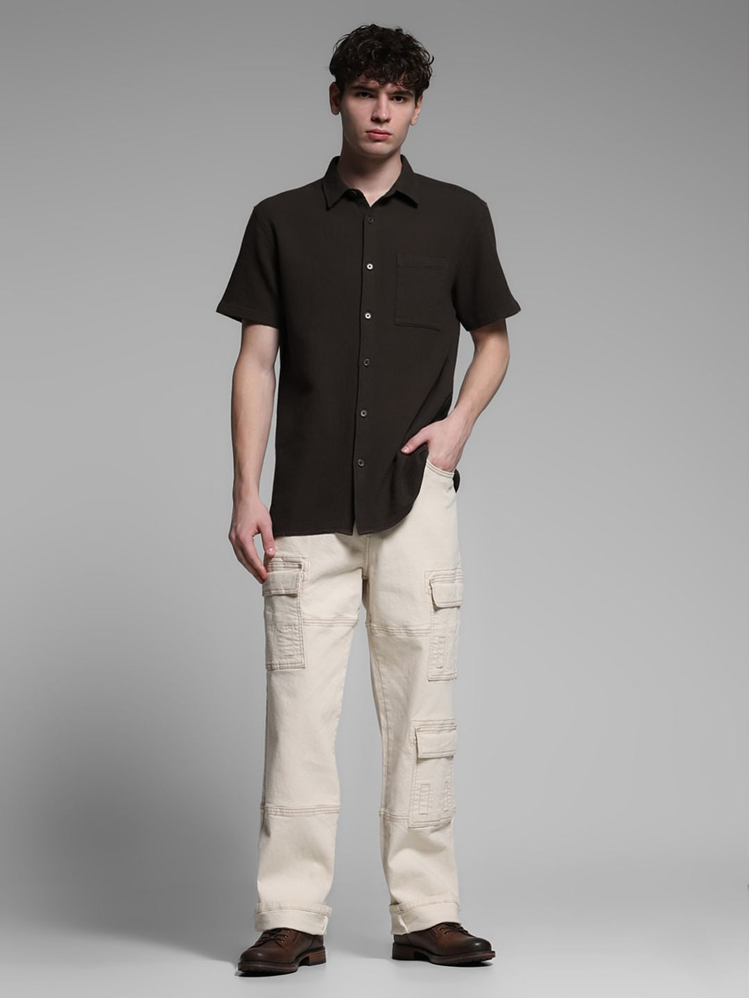 Brown Waffle Textured Cotton Shirt