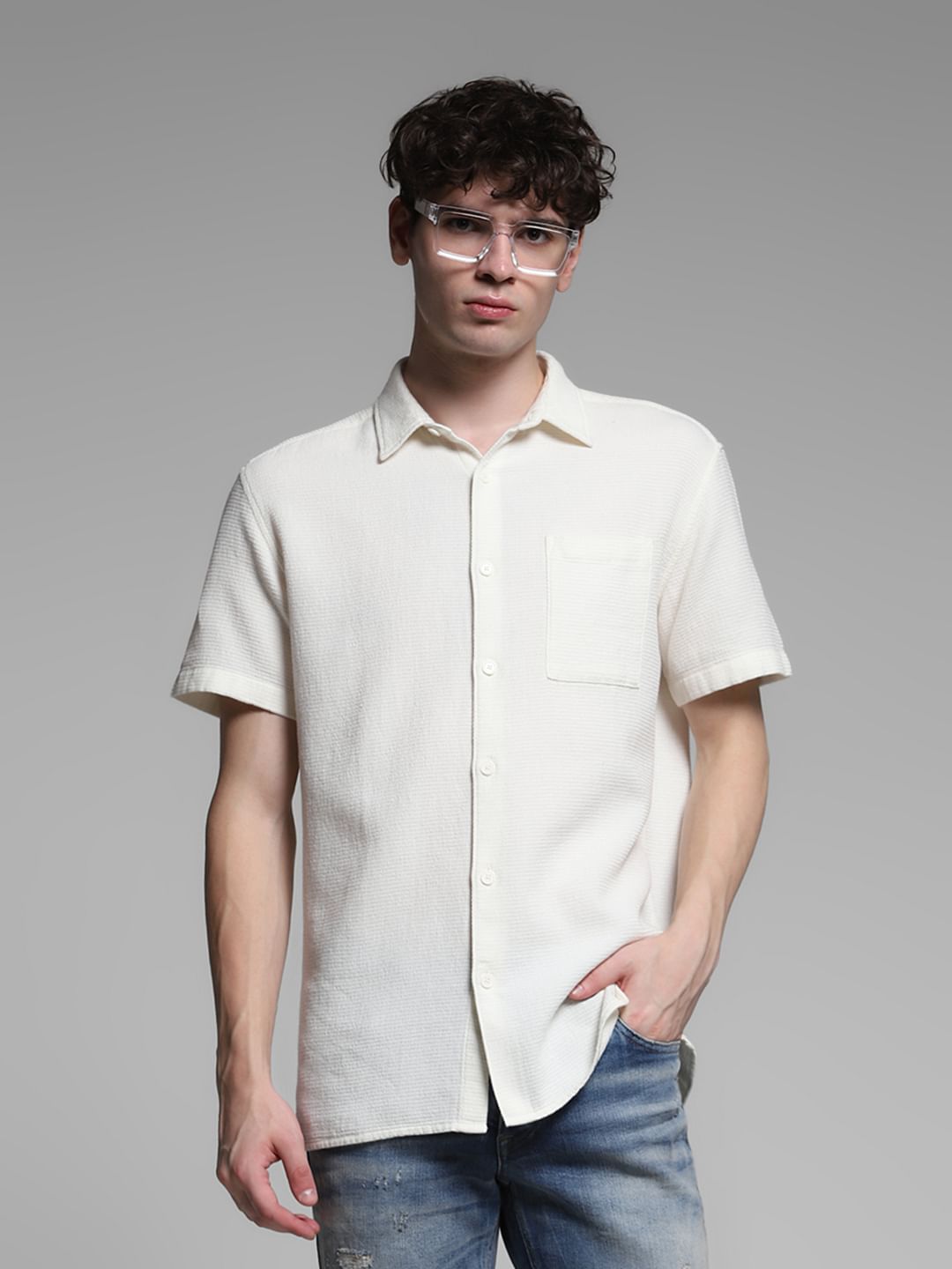 White Waffle Textured Cotton Shirt