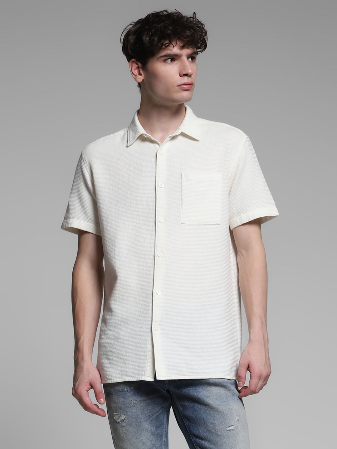 White Waffle Textured Cotton Shirt