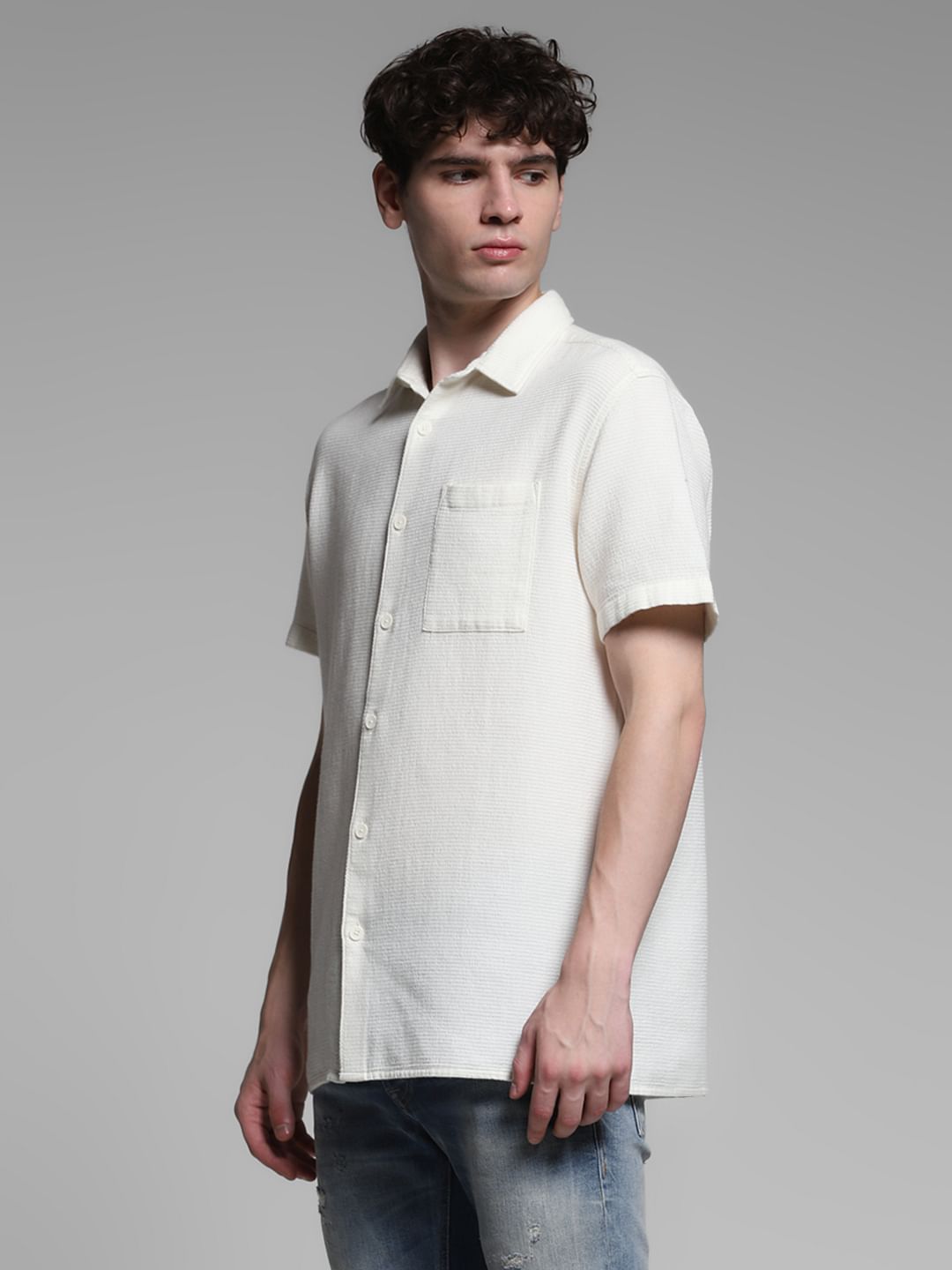 White Waffle Textured Cotton Shirt
