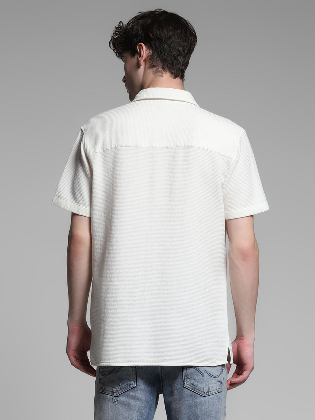 White Waffle Textured Cotton Shirt