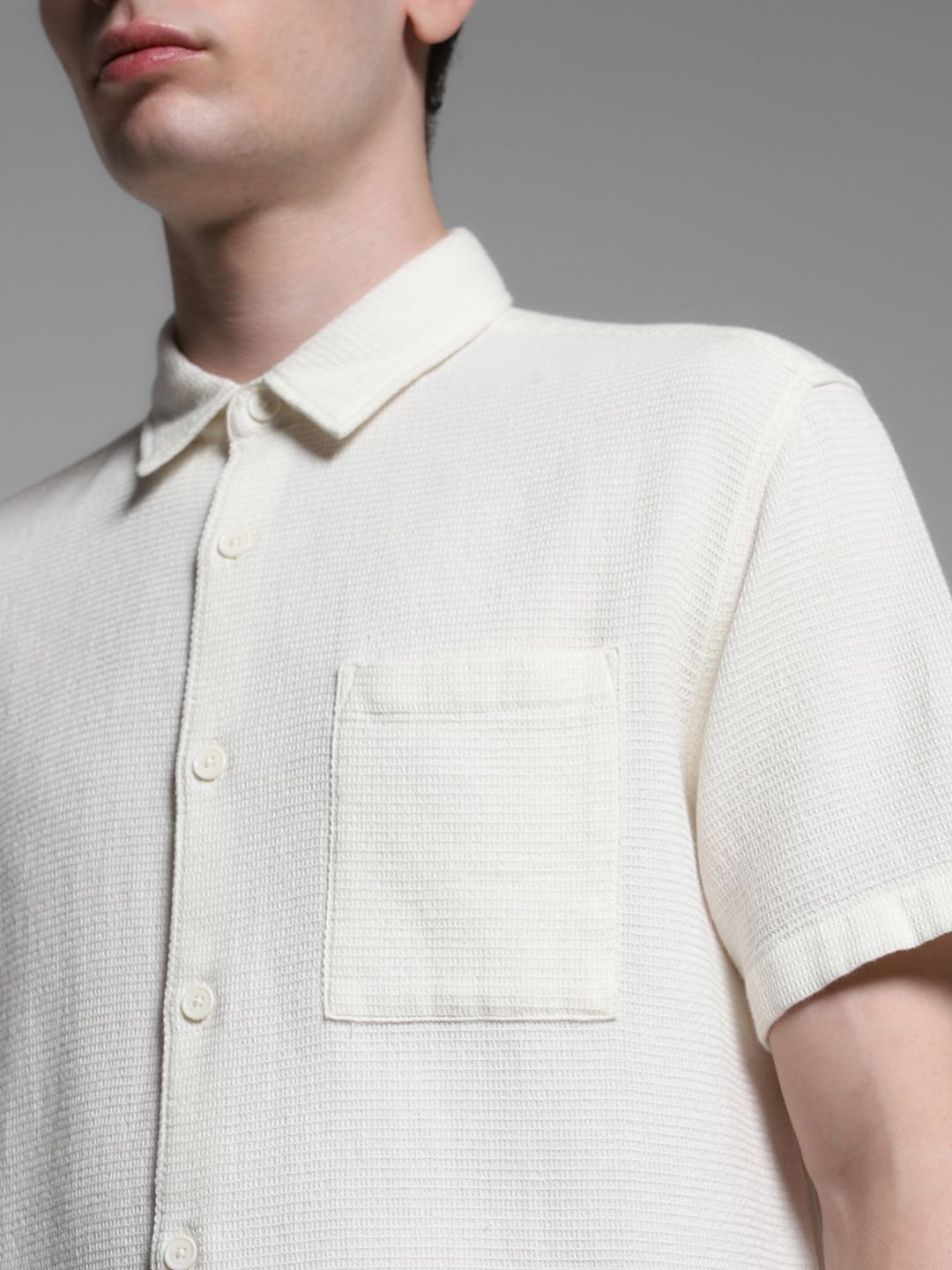 White Waffle Textured Cotton Shirt