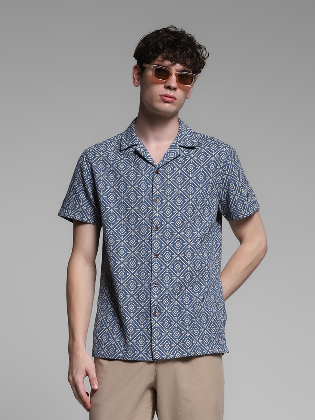 Blue Resort Collar Cotton Shirt