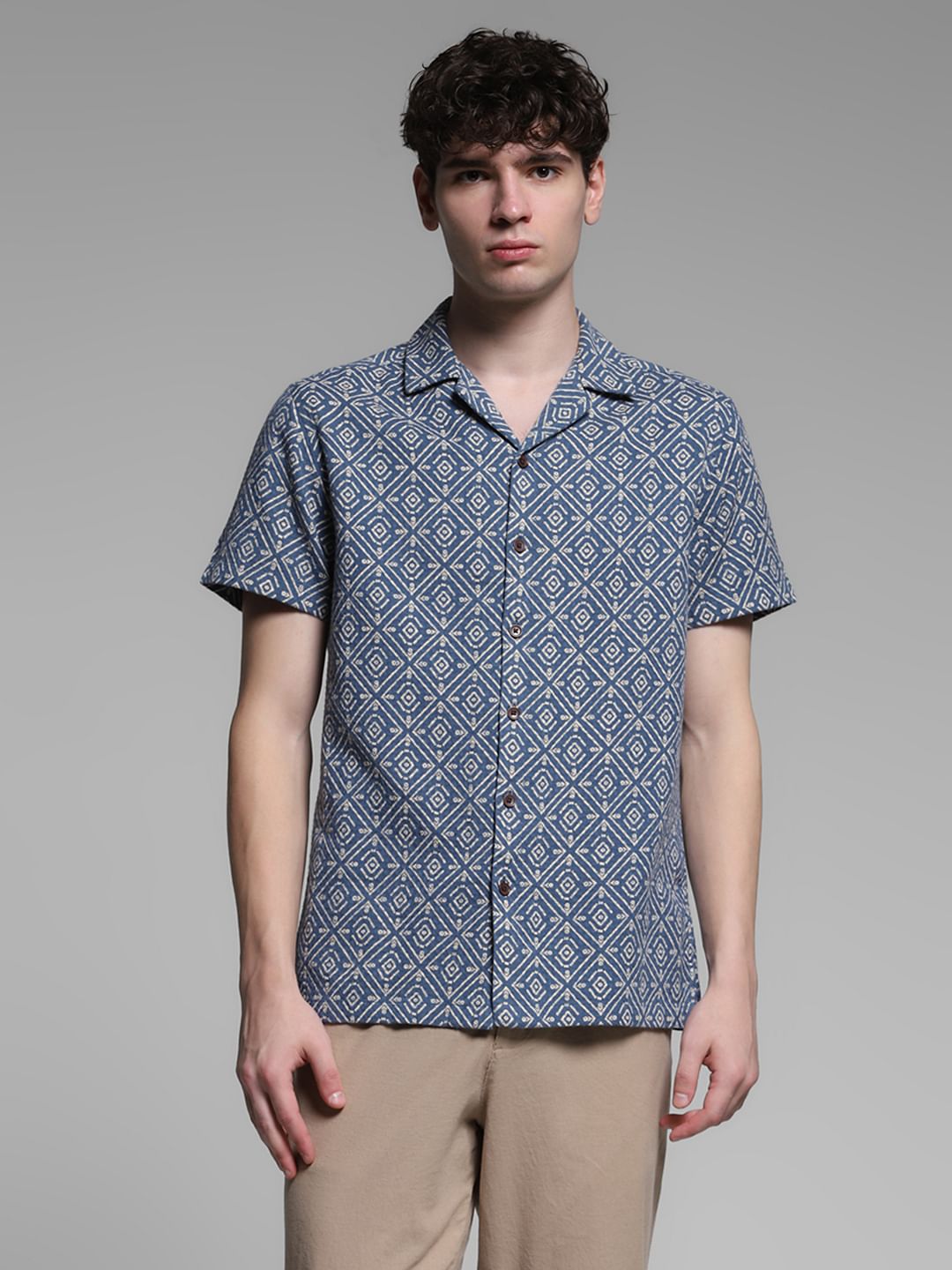 Blue Resort Collar Cotton Shirt