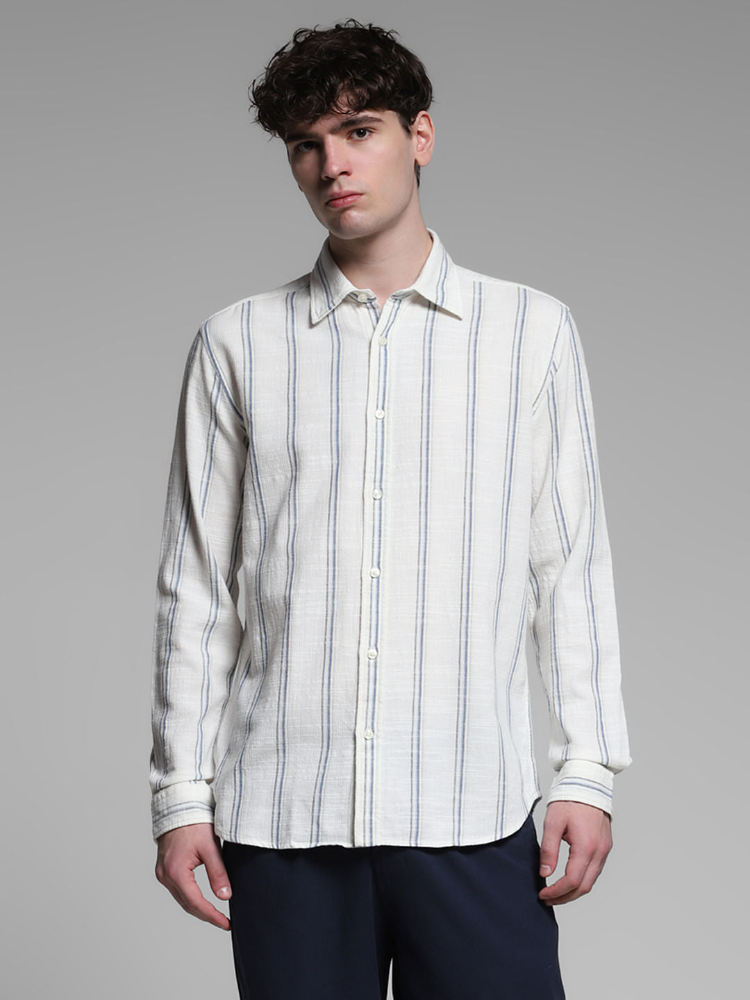 Blue Striped Dobby Cotton Shirt