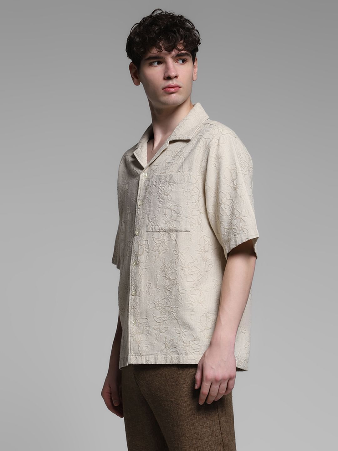 Beige Embroidered Jacquard Shirt