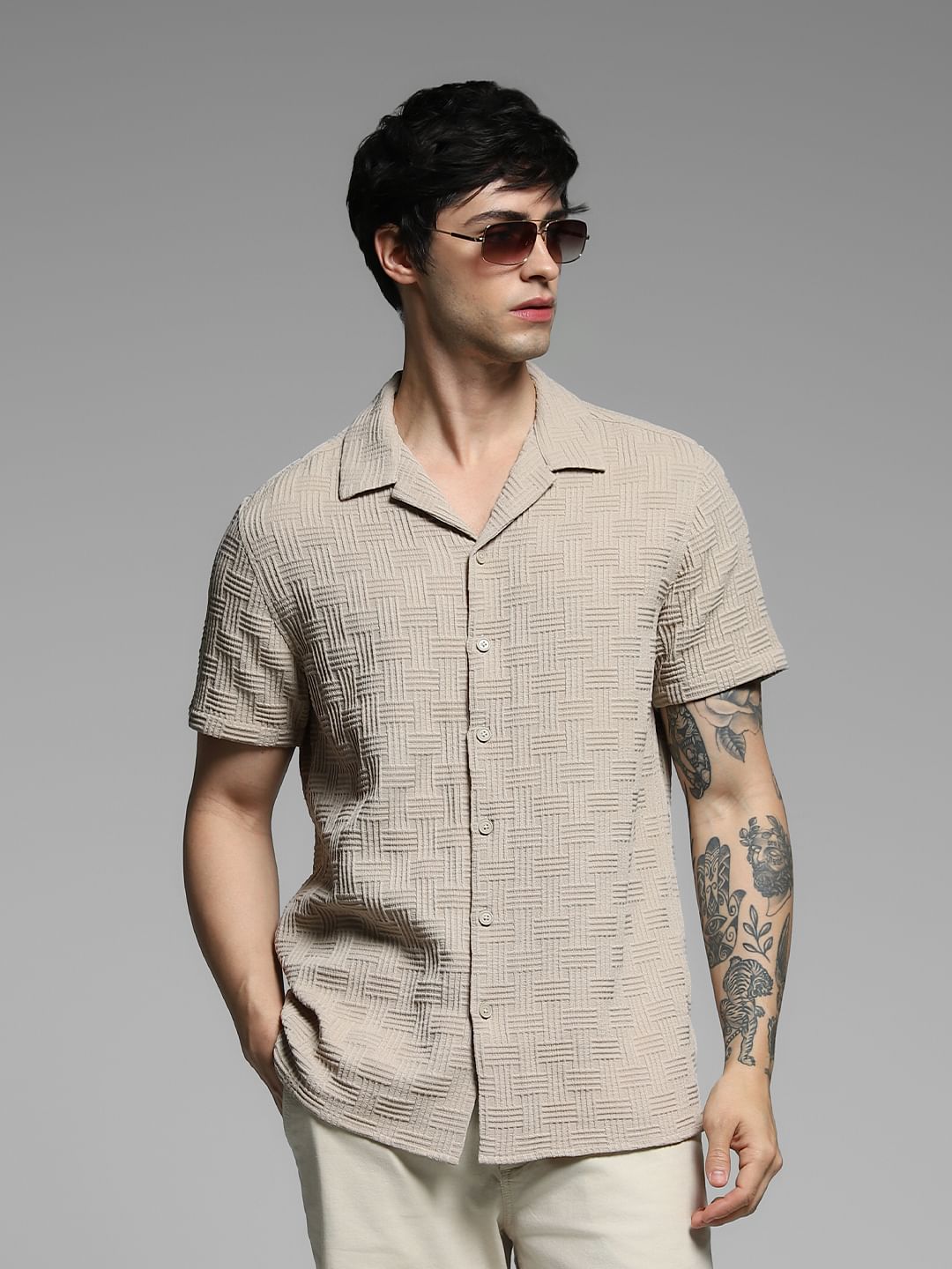 Beige Resort Collar Comfort Fit Shirt