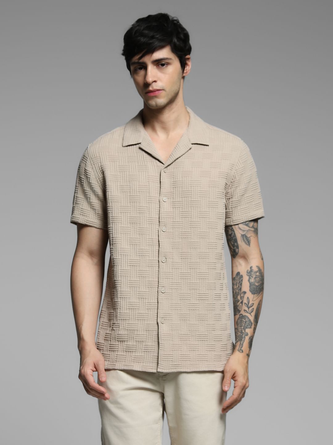 Beige Resort Collar Comfort Fit Shirt