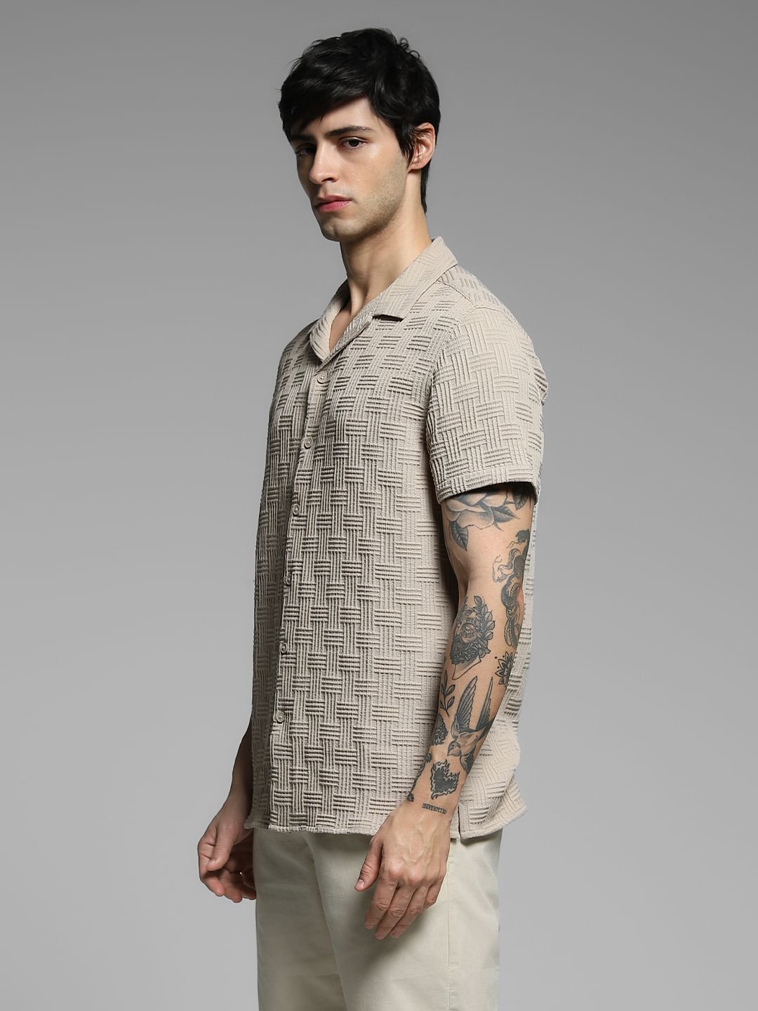 Beige Resort Collar Comfort Fit Shirt