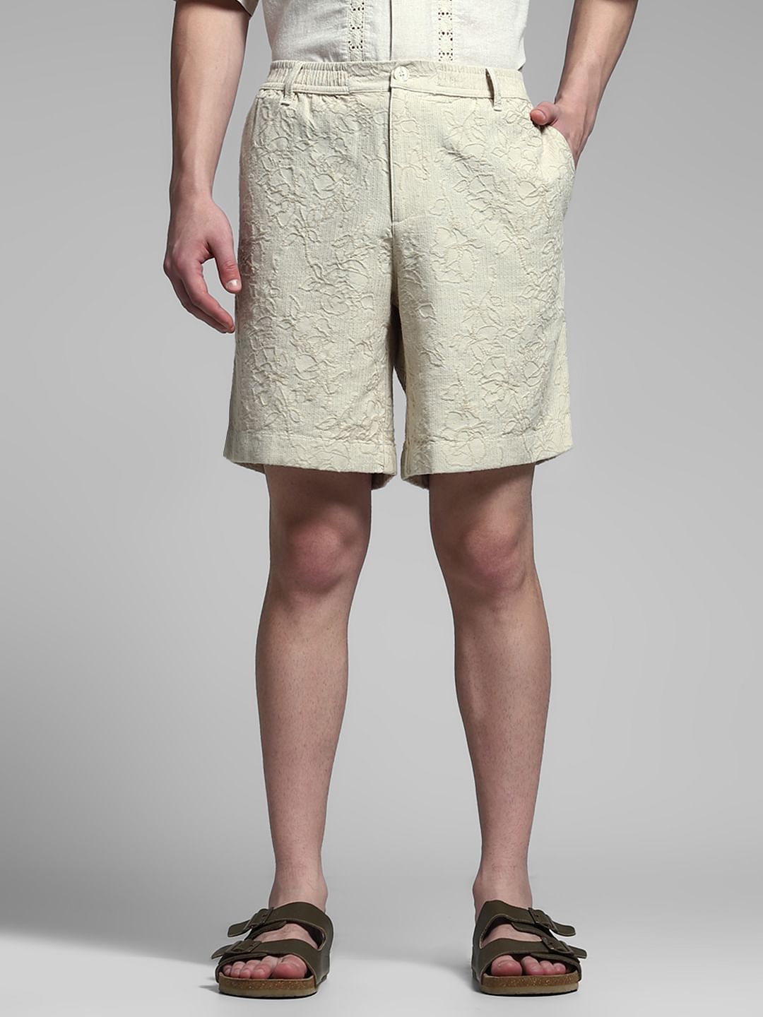 Beige Embroidered Jacquard Shorts