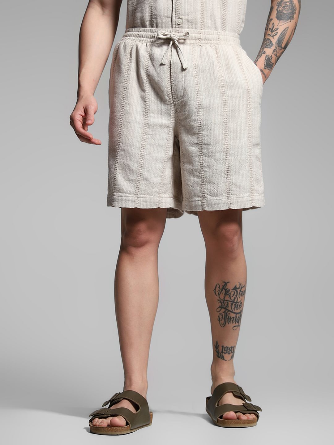 Beige Textured Co-ord Set Cotton Shorts