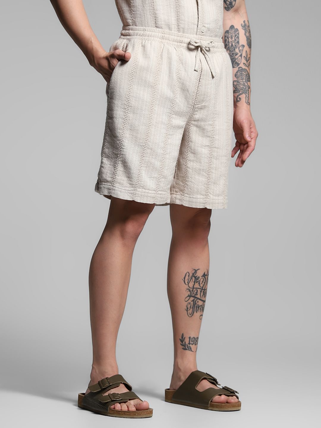 Beige Textured Co-ord Set Cotton Shorts
