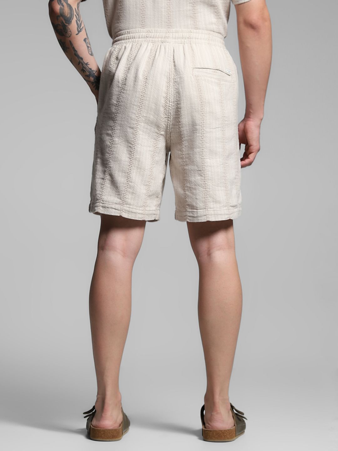 Beige Textured Co-ord Set Cotton Shorts