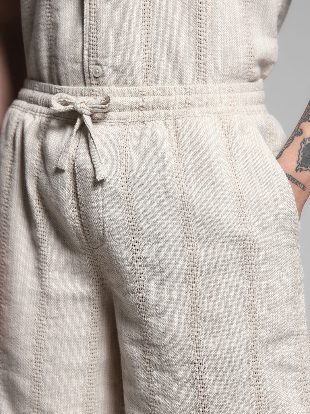 Beige Textured Co-ord Set Cotton Shorts