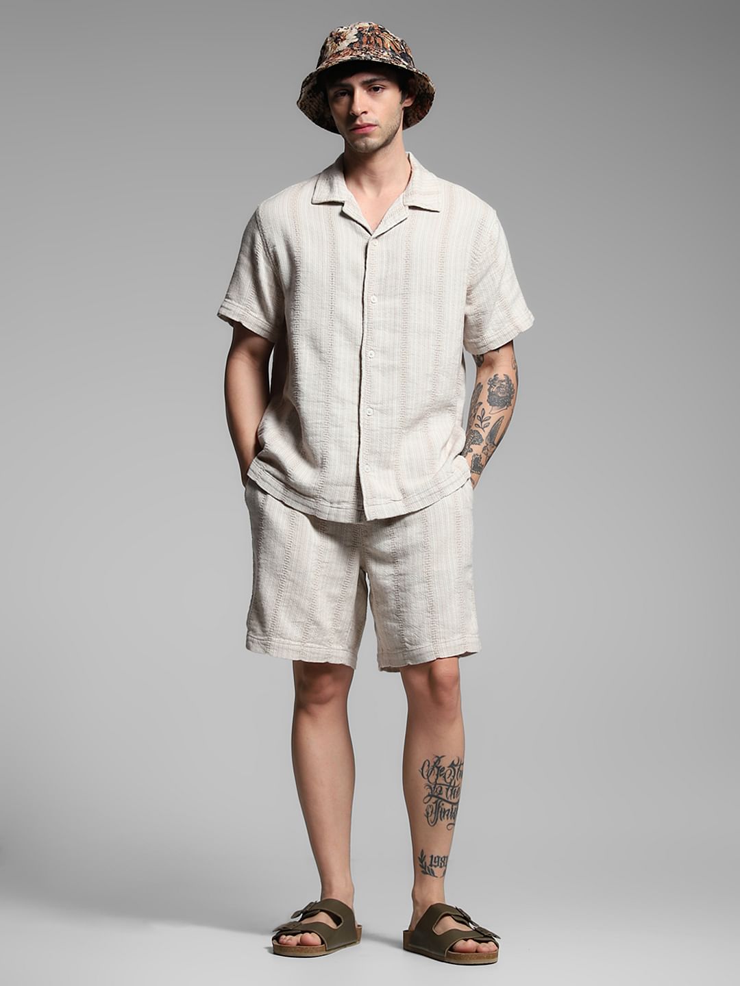 Beige Textured Co-ord Set Cotton Shorts