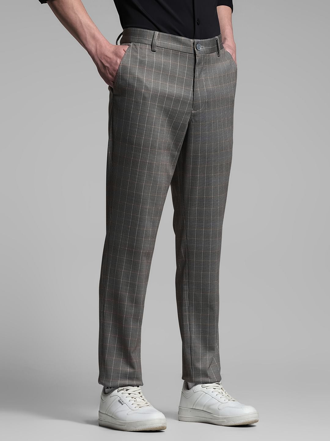 Brown Check Print Slim Fit Pants