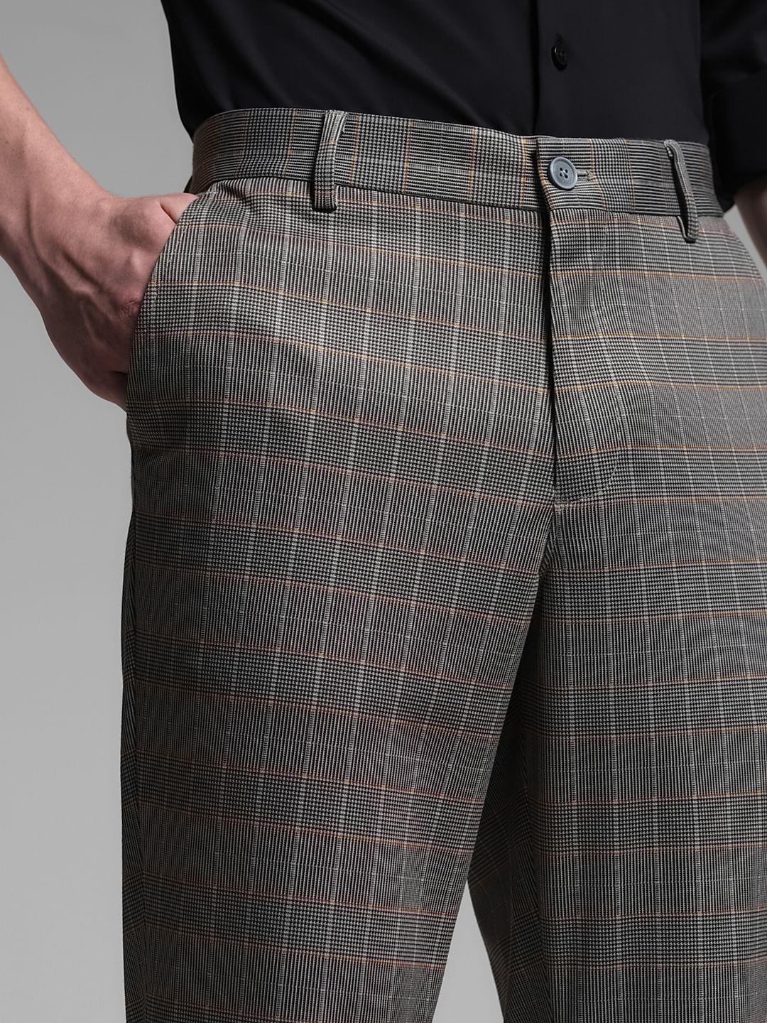 Brown Check Print Slim Fit Pants