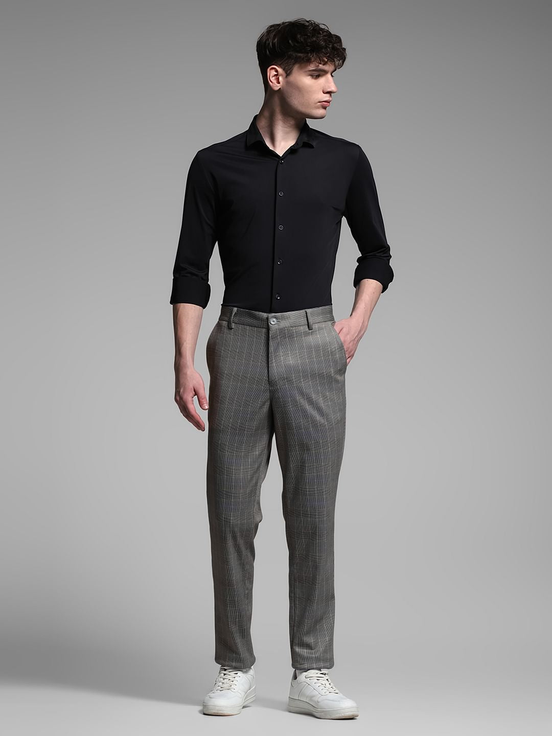 Brown Check Print Slim Fit Pants