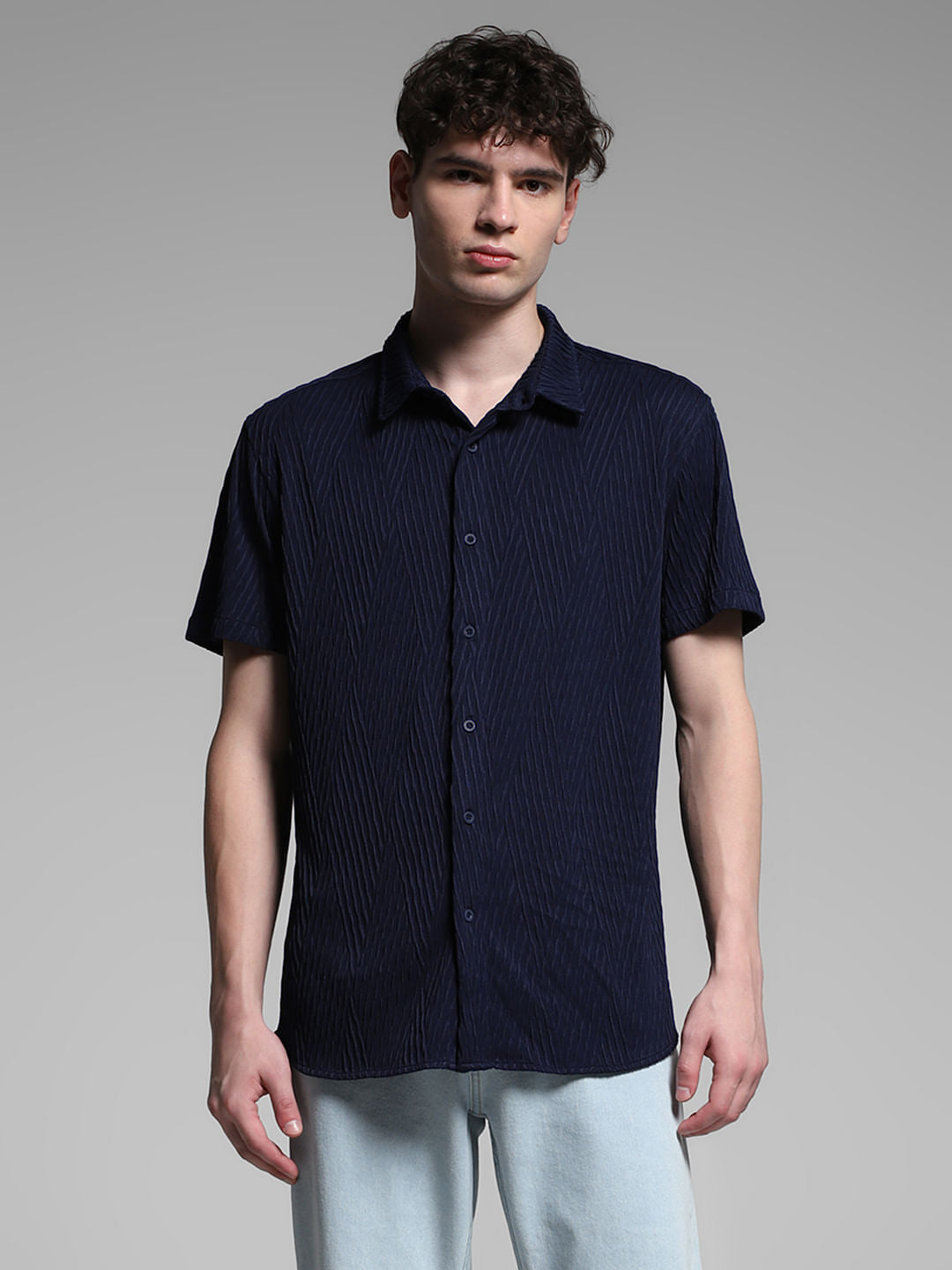 Navy Blue Stretch Textured Shirt