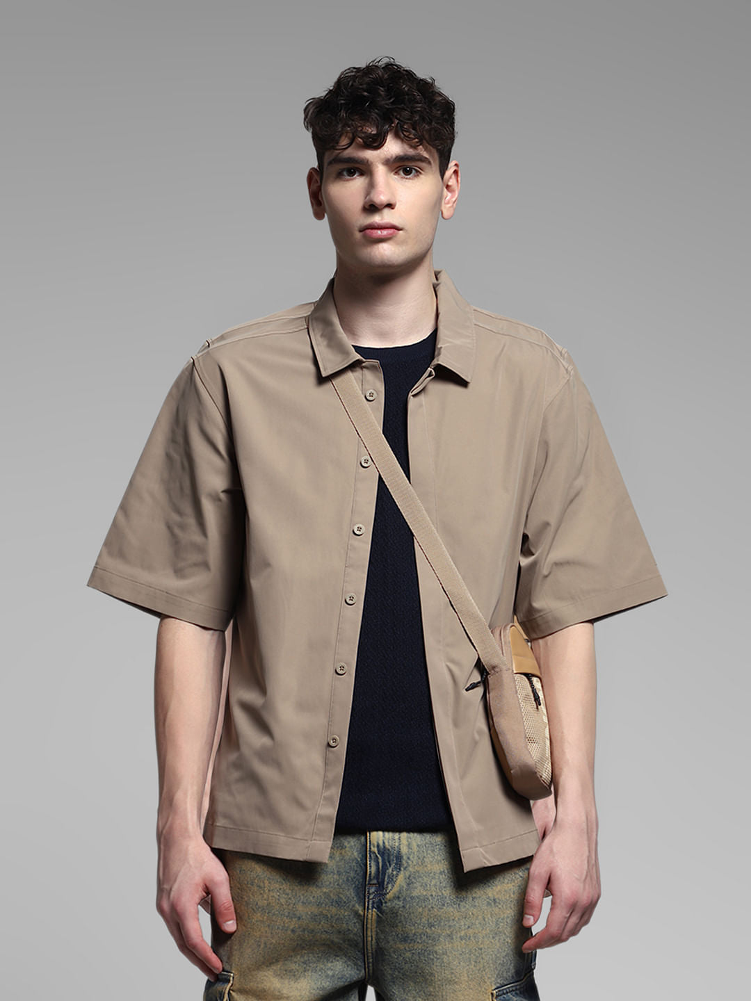 Brown Stretch Oversized Shirt