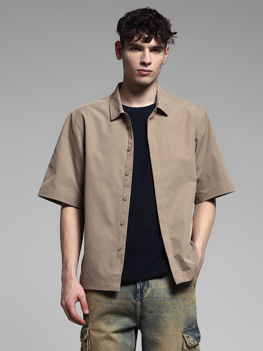 Brown Stretch Oversized Shirt