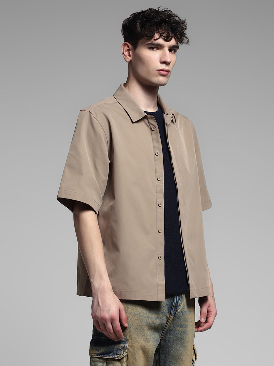 Brown Stretch Oversized Shirt