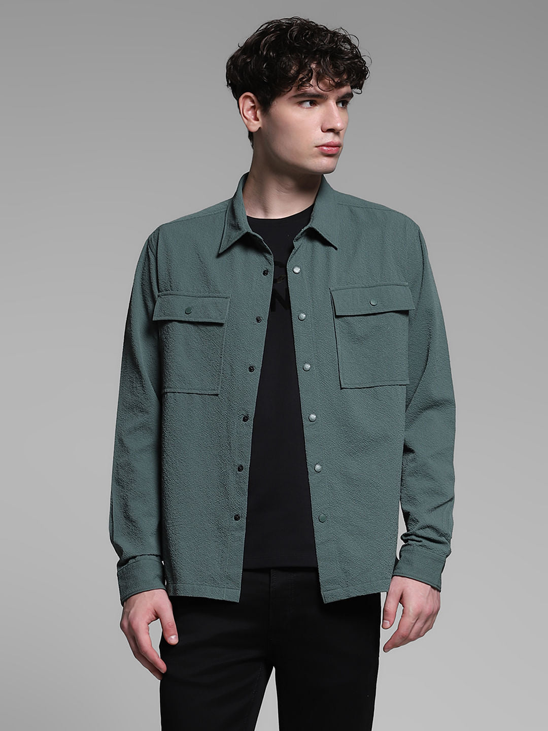 Green Textured Oversized Shirt