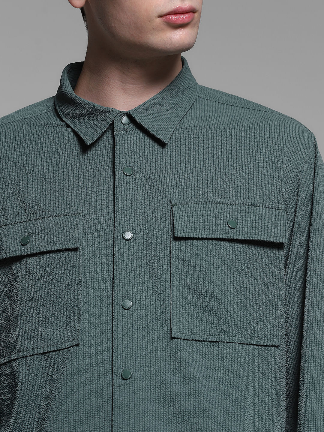 Green Textured Oversized Shirt