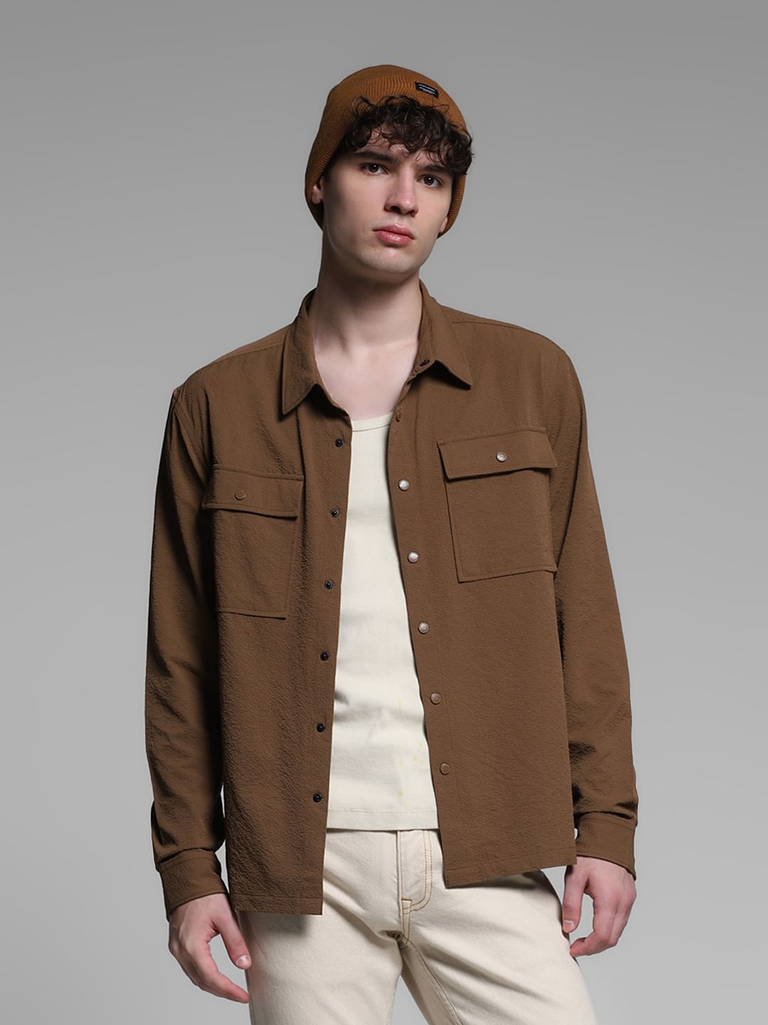 Dark Brown Textured Oversized Shirt