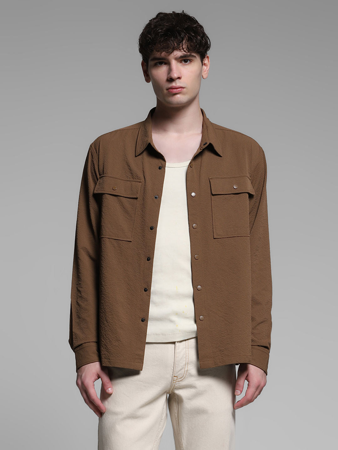 Dark Brown Textured Oversized Shirt